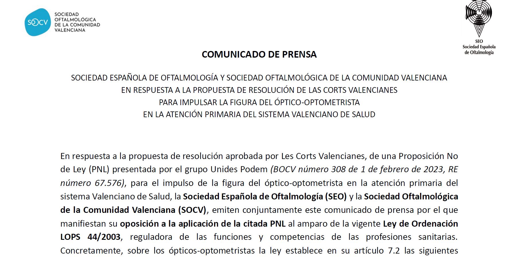 COMUNICADO DE PRENSA: SEO y SOCV en respuesta a la propuesta de resolución de las Corts Valencianes para impulsar la figura del óptico-optometrista en la atención primaria del Sistema Valenciano de Salud.