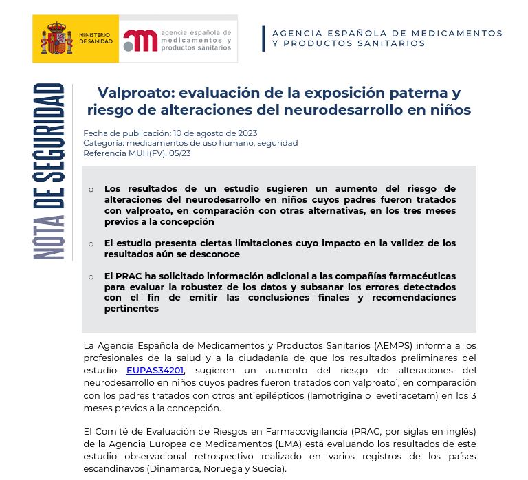 Valproato: evaluación de la exposición paterna y riesgo de alteraciones del neurodesarrollo en niños